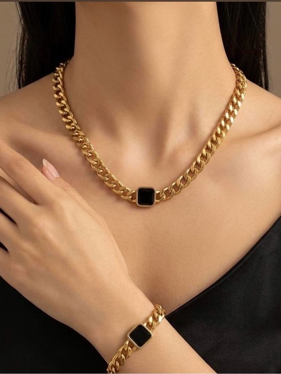 Stainless Jewelry - Gold-Tone Chain Necklace with Black Square Accent - Women Jewelry